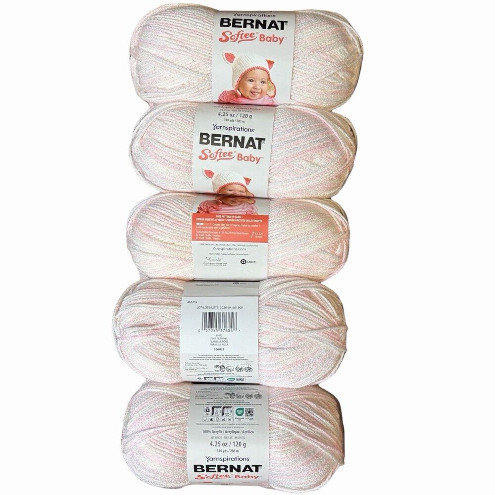 5-Pack Bernat Softee Baby Yarn Pink Flannel 310yds 100% Acrylic New